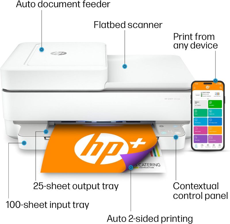 Photo 1 of HP ENVY 6455e Wireless Color Inkjet Printer, Print, scan, copy, Easy setup, Mobile printing, Best for home, Instant Ink with HP+ (3 months included),white