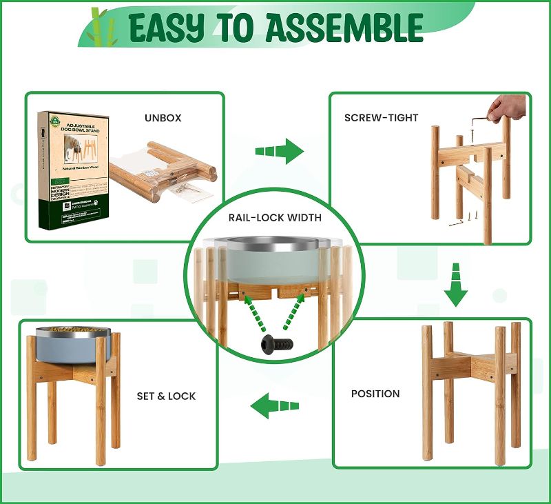 Photo 1 of Adjustable Dog Bowl Stand for Large Dogs - Extendable Holder (8"-11" Wide, 14" Tall) Fits Pet Feeder Food and Water Bowl of Different Sizes - Natural Bamboo Wood For Food Bowls 8-10" [Height 14"] Straight/Bamboo