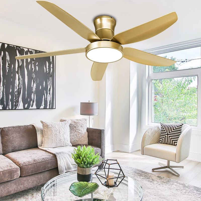 Photo 1 of 52" Gold Ceiling Fans with Lights Remote Control, Modern LED Low Profile Chandeliers Fan, Champagne Flush Mount Ceiling Fan Light Kit with 5 Abs Reversible Blades for Living Room Bedroom