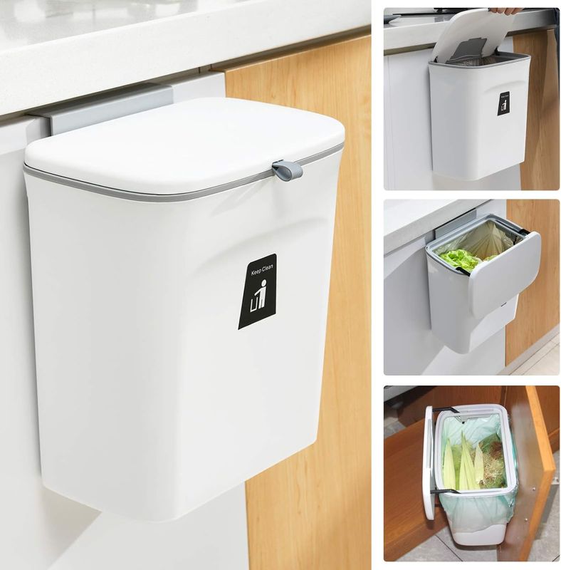 Photo 1 of 2.4 Gallon Kitchen Compost Bin for Counter Top or Under Sink, Hanging Small Trash Can with Lid for Cupboard/Bathroom/Bedroom/Office/Camping, Mountable Indoor Compost Bucket, White