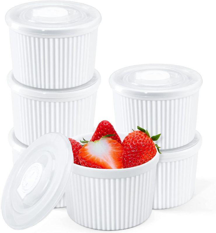 Photo 1 of 8 oz Ramekins with Lids Oven Safe, Porcelain Creme Brulee Souffle Dishes with Covers for Baking, White Custard Cups Stackable, Set of 4