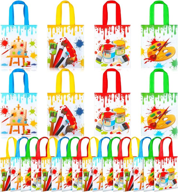 Photo 1 of 12  Pack Paint Party Favor Bags Non Woven Art Party Gift Bags Kids Art Paint Treat Goodie Bags Paintbrush Splatter Tote Bags for Paint Theme
