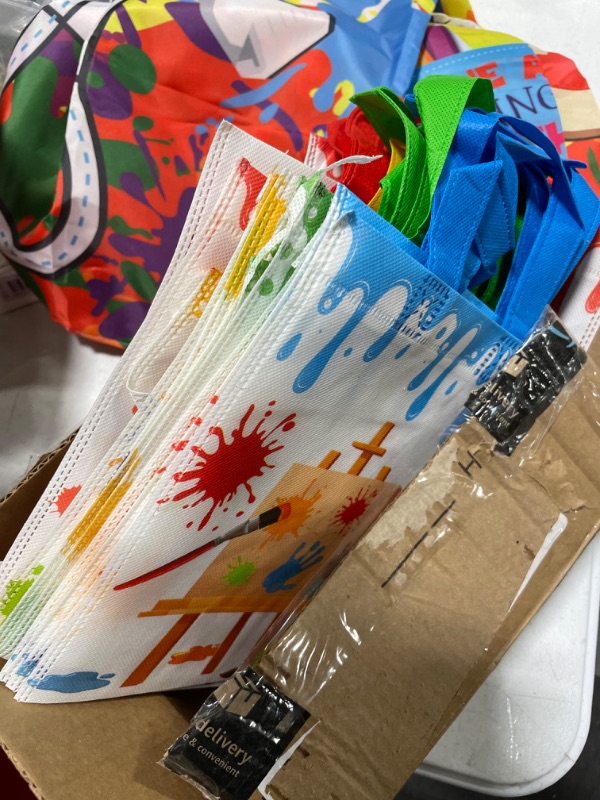 Photo 1 of 12  Pack Paint Party Favor Bags Non Woven Art Party Gift Bags Kids Art Paint Treat Goodie Bags Paintbrush Splatter Tote Bags for Paint Theme