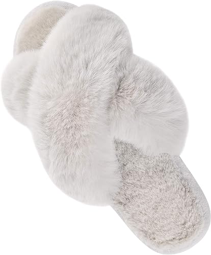Photo 1 of Parlovable Women's Cross Band Slippers Fuzzy Soft House Slippers Plush Furry Warm Cozy Open Toe Fluffy Home Shoes Comfy Indoor Outdoor Slip On Breathable