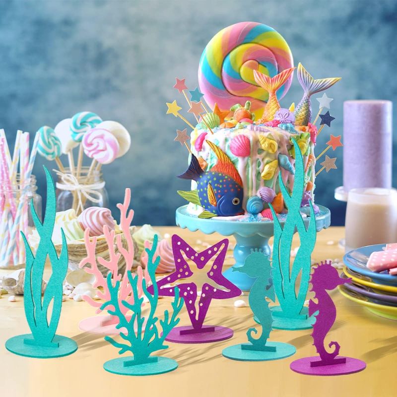 Photo 1 of 24 Pcs Mermaid Birthday Decorations Felt Table Centerpiece Under the Sea Party Decorations Supplies for Ocean Theme Little Mermaid Birthday Party Baby Shower