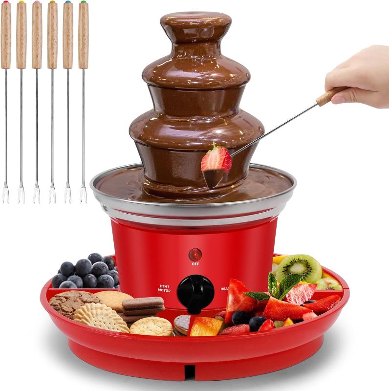 Photo 1 of 16-Ounce Chocolate Fondue Fountain, 3-Tier MINI Chocolate Fountain, Electric Melting Machine with 6PCS Fondue Fork and Removal Fruits/Nuts/Treats Serving Tray for BBQ Sauce,Ranch,Nacho Cheese,Liqueurs
