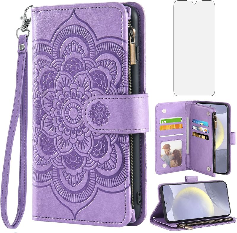 Photo 1 of Asuwish Phone Case for Samsung Galaxy S24 Plus S24+ 5G Wallet Cover with Tempered Glass Screen Protector and Flower Flip Credit Card Holder Stand Cell Accessories S24plus 24S + S 24 24+ Women Purple
