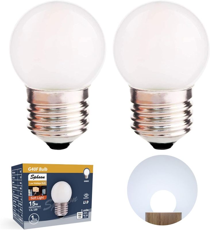 Photo 1 of G40 1.5w Dim Led Bulb Equivalent 15 Watt Light Bulbs, Standard E26 Base Frosted Glass Soft Bright White 6000k for Home Decorative, Fridge Freezer Lamp, CRI 90+, 150lm, Pack of 2
