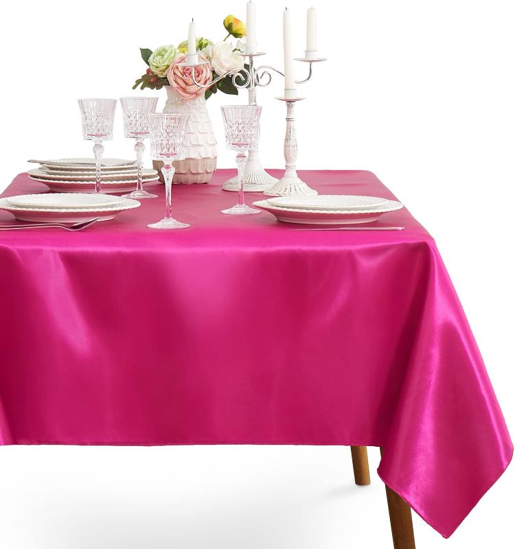 Photo 1 of 1 Pack Hot Pink Satin Tablecloth, 58 x 102 Inches Rectangle Satin Table Cover,Smooth Fabric Satin Table Cloths,Luxury Silk Tablecloth for Party Wedding Dinner Restaurant
