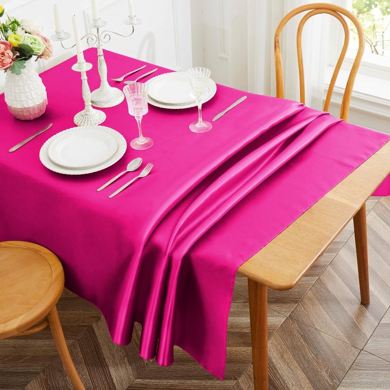 Photo 1 of 1 Pack Hot Pink Satin Tablecloth, 58 x 102 Inches Rectangle Satin Table Cover,Smooth Fabric Satin Table Cloths,Luxury Silk Tablecloth for Party Wedding Dinner Restaurant
