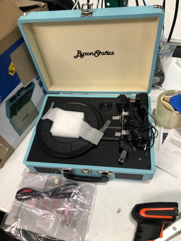 Photo 2 of ByronStatics Vinyl Record Player, 3 Speed Turntable Record Player with 2 Built in Stereo Speakers, Replacement Needle, Supports RCA Line Out, AUX in, Portable Vintage Suitcase Teal Wired