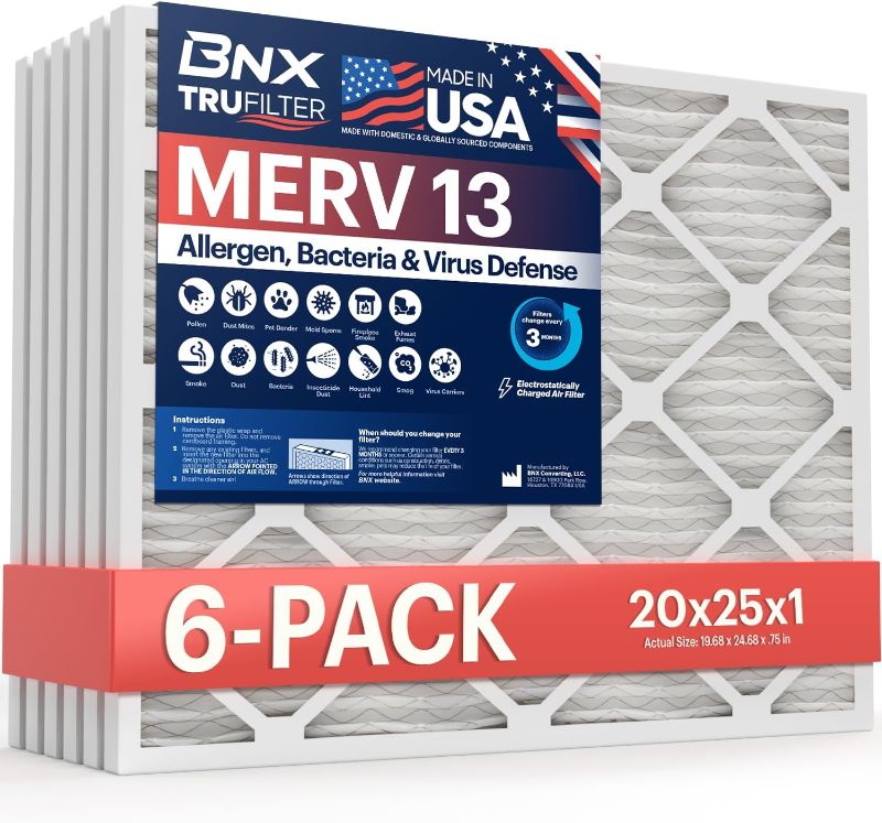 Photo 1 of ***CONTAINS 5 AND ONE IS DAMAGED*** 

BNX TruFilter 20x25x1 Air Filter MERV 13 (5-Pack) - MADE IN USA - Electrostatic Pleated Air Conditioner HVAC AC Furnace Filters for Allergies, Pollen, Mold, Bacteria, Smoke, Allergen, MPR 1900 FPR 10
