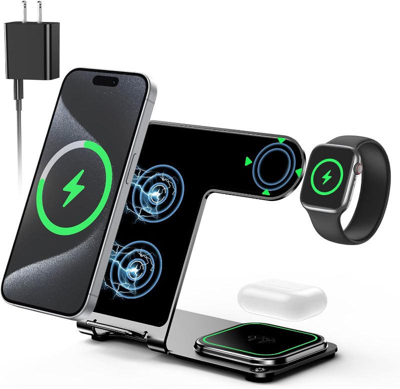 Photo 1 of 3 in 1 Wireless Charging Station for Apple Multiple Devices Wireless Charger for iPhone 15 14 13 12 11 Pro (Not for Mini Series) Metal Charging Station for Apple Watch for AirPods 2/3/Pro/Pro 2 Blue