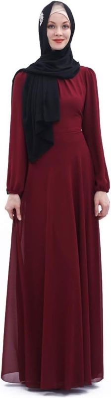 Photo 1 of BooW Women's Chiffon Kaftan Abaya Dress Muslim Long Sleeve Self Tie Flowy Maxi Dress Islamic Evening Gown 20243-wine Red Medium