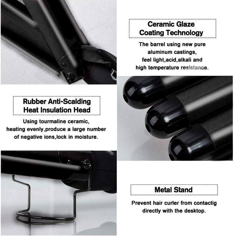 Photo 1 of 3 Barrel Curling Iron 1 Inch Hair Waver Curling Wand Hair Crimper Tourmaline Ceramics 3 Barrels Hair Waver Heat Up Quickly Mermaid Beach Waver Curling Iron Black