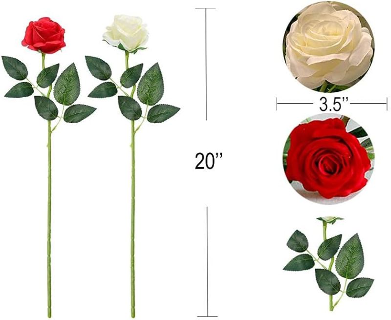 Photo 2 of  Artificial Flowers Realistic Silk Rose Flower Bouquet Long Stems Faux Flowers Color Mixing Home Wedding Party Decor(Red & White)