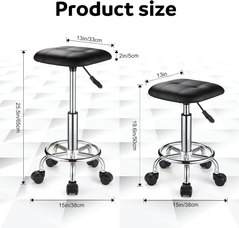 Photo 2 of  Square PU Cushion Rolling Stool with Wheels Height Adjustable Swivel Stools Chair Black