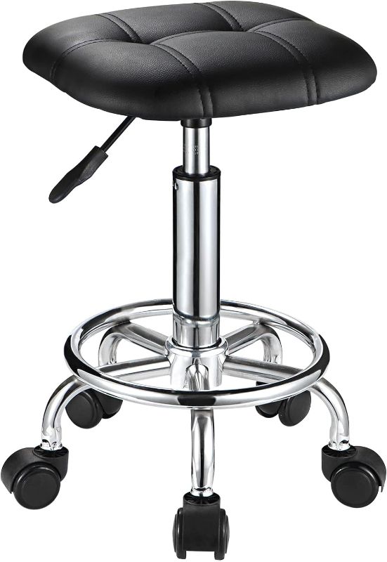 Photo 1 of  Square PU Cushion Rolling Stool with Wheels Height Adjustable Swivel Stools Chair Black