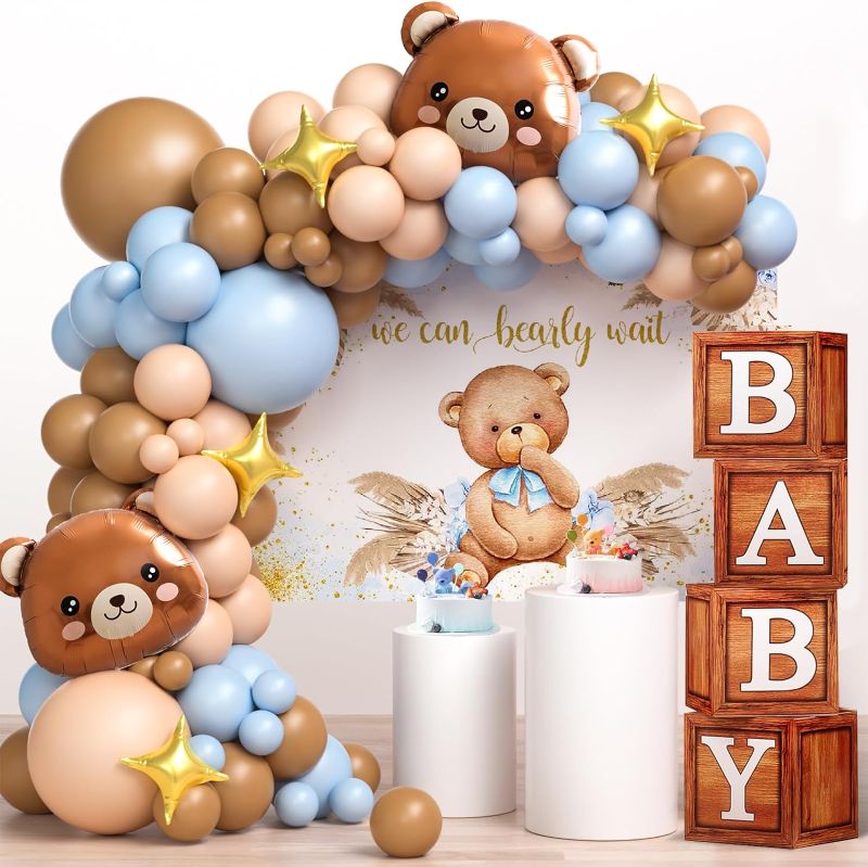 Photo 1 of 117 Teddy Bear Baby Shower Party Decorations for Boy Birthday Supplies Brown Blue Balloon Garland Kit Wood Grain Boxes with Letters We Can Bearly Wait Backdrop Bear Theme Baby Shower Decor