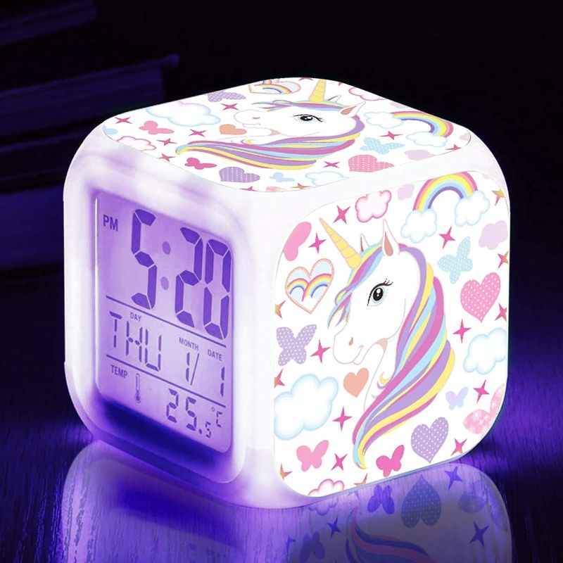 Photo 1 of Kids Alarm Clocks, Unicorn Night Light Kids Alarm Clocks with 4 Sided Unicorn Pattern&9 Kinds of LED Glowing Wake Up Bedside Clock Gifts for Unicorn Room Decor for Girls Bedroom