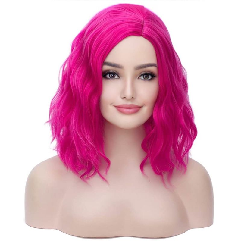 Photo 1 of 14 Inches Hot Pink Wig Side Part Women Girls Short Bob Curly Wavy Bob Wig Synthetic Hot Pink Hair Wigs Heat Resistant Halloween Cosplay Costume Party Wig with Wig Cap (Hot Pink)