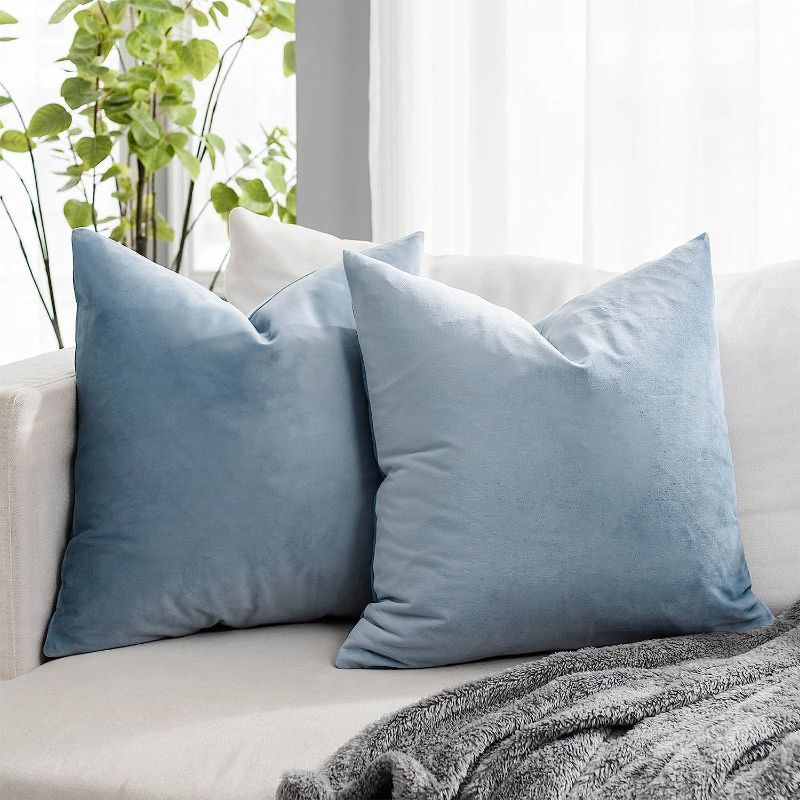 Photo 1 of 20x20 Inch Velvet Throw Pillow Covers Decorative Square Cozy Soft Solid Color Cushion Cases Home Decor for Couch Sofa Bedroom Car Set of 2, Light Blue
