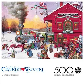 Photo 1 of Buffalo Games Puzzles Buffalo Games - Charles Wysocki - Whistle Stop Christmas - 500 Piece Jigsaw Puzzle Red, Violet, Green, 21.25L X 15W