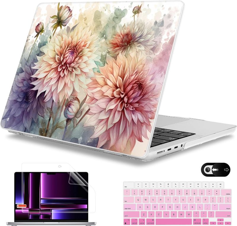 Photo 1 of Mektron Case for MacBook Pro 16" M3 A2991 M2 A2780 M1 A2485 (2021/2022/2023) Pro/Max Chips with Touch ID, Hard Shell Plastic Laptop Cover Keyboard Cover Screen Protector, Watercolor Dahlias