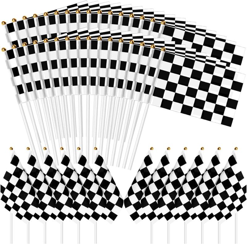 Photo 1 of 30Pcs Checkered Black and White Racing Stick Flag Small Mini Hand Held Race Car Flags Party Decorations