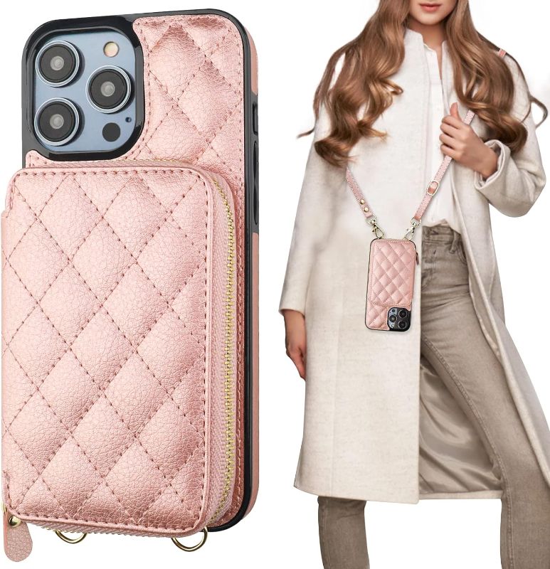 Photo 1 of Bocasal iPhone 14 Pro Max Crossbody Wallet Case, RFID Blocking, PU Leather Zipper Handbag, Kickstand Folio with Card Slots & Wrist Strap - Rose Gold