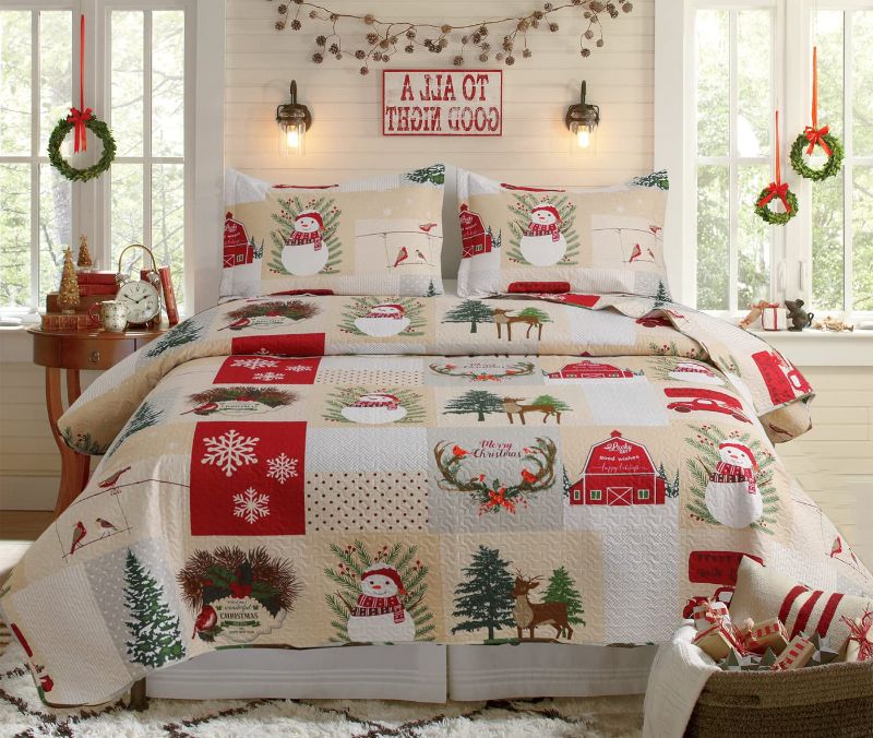 Photo 1 of ***REFRENCE PHOTO*** Christmas Quilt Set Queen Size Patchwork Quilted Bedspread Set Cute Snowman Tree Print Bed Comforter Set Red Beige Plaid Bedding Set Lightweight Reversible Bed Cover Blanket with Pillow Shams Happy Snowman Queen(90"x98")