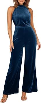 Photo 1 of BLENCOT Sleeveless Velvet Jumpsuits For Women V Neck Spaghetti Straps Wide Leg Long Pants Dressy Rompers Winter Overalls S-XL X-Large Velvet Blue