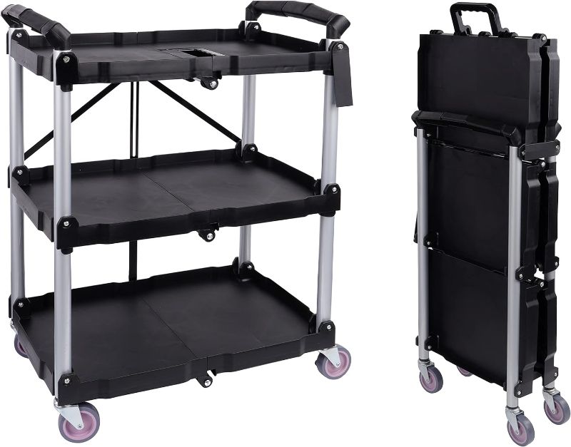 Photo 1 of ****USED****  Portable Folding Collapsible Service Cart Foldable Service Cart 3 Tier Collapsible Push Cart Folding Utility Carts with Wheels for Office Warehouse Home, Black