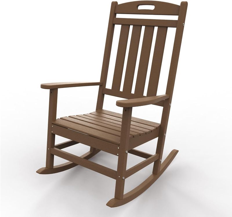 Photo 1 of ****MISSING HARDWARE**** 
Outdoor Rocking Chairs, Looks Like Wood, High Back Poly Lumber Patio Rocker Chair, 365Lbs Support Rocking Chairs, All-Weather Porch Rocking Chair for Lawn, Backyard, Indoor, Garden, Mahogany
