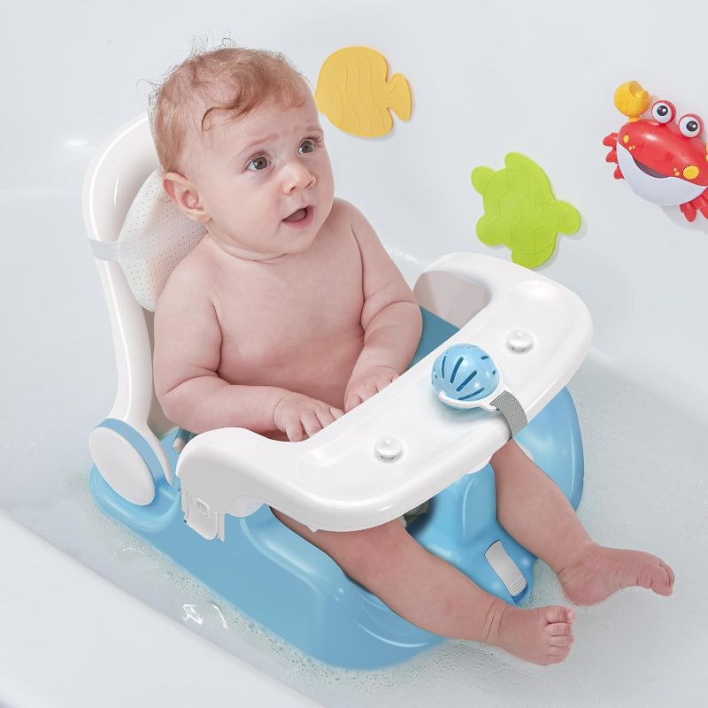 Photo 3 of BabyBond Baby Bath Seat with Sitting & Lying 2 Modes, 3-Speed Adjustment, Powerful Suction Cups, Infant Bathtub Chair with Washable Pillow, Folding and Hanging (Blue)