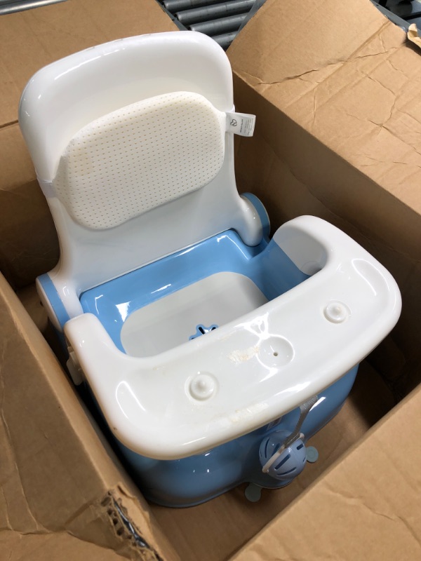 Photo 2 of BabyBond Baby Bath Seat with Sitting & Lying 2 Modes, 3-Speed Adjustment, Powerful Suction Cups, Infant Bathtub Chair with Washable Pillow, Folding and Hanging (Blue)