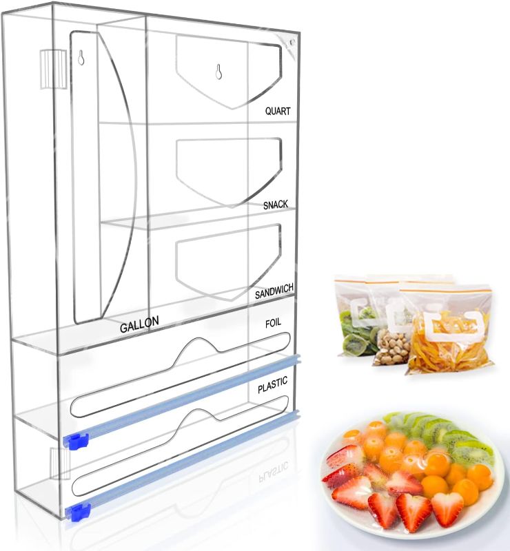 Photo 1 of 6 in 1 Foil Plastic Wrap Organizer Dispenser with Slide Cutter for Foil Wrap Ziplock Bag Storage Acrylic Organizer for Kitchen Drawer Suitable for Gallon Quart Sandwich Snack