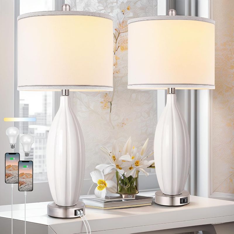 Photo 1 of 27.5" Ceramic Table Lamp Set of 2 with USB Ports, 3-Color Temperature Tall Table Lamp with White Fabric Lampshade, Nightstand Modern Table Lamps for Living Room Bedroom (LED Bulbs Included)