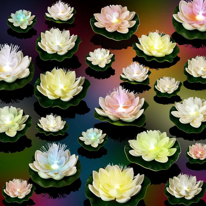 Photo 1 of 20 Pcs Lotus Floating Lights LED Flower Artificial Lotus Floating Lanterns Water Lily Pool Candles Pond Light Changing Lotus Flower Light for Swimming Pool Weddings (3.94'', 5.91'', 5.92'')
