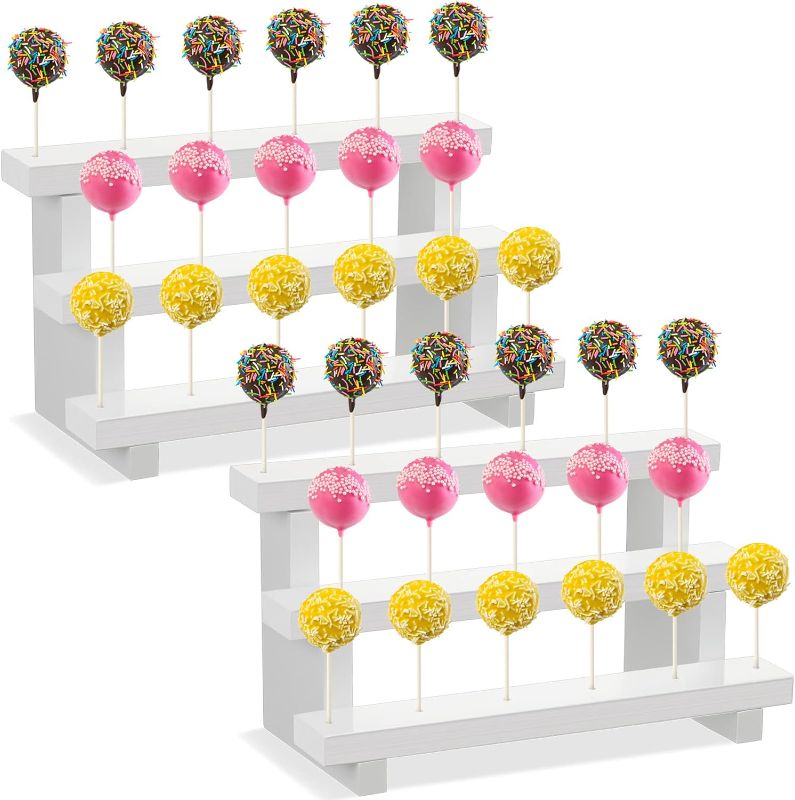 Photo 1 of 2 Pack Wood Cake Pop Stands Sucker Display 3 Tier Lollipop Holders with 100 Treats Bags 100 Lollipop Sticks 100 Gold Twist Ties for Dessert Table of Wedding Baby Shower Birthday Party (Wood)