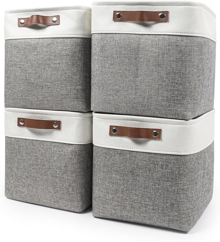 Photo 1 of 13x13 Cube Storage Bins, Collapsible Fabric Storage Box, 4 Pack Closet Baskets with Handles for Organizing, Shelf, Toys, Clothes, Home, Office, Nursery (Grey&White)