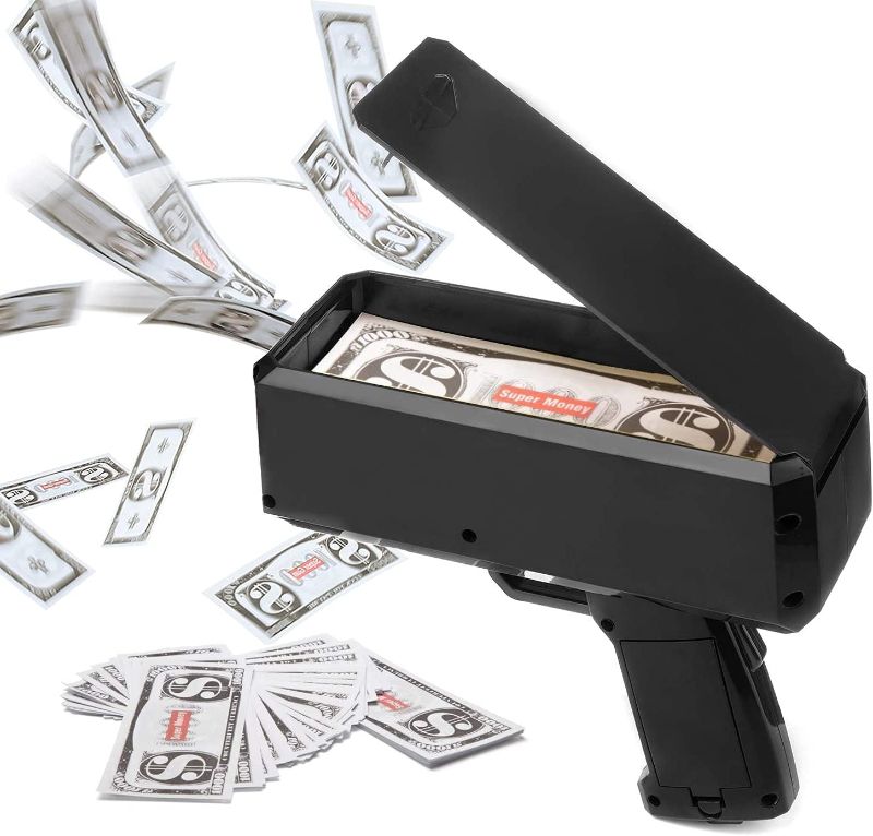 Photo 1 of Black Money  Shooter Handheld Cash Money Gun Spraying Machine Money Dispenser with 100pcs Bills Loading Capacity Prop Gun for Birthday Wedding Party, Night Club