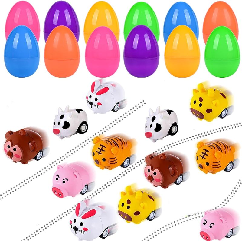 Photo 1 of 12PCS Easter Eggs Filled with Pull Back Car Toys, Easter Basket Stuffer for Toddler Boy Girl, Plastic Easter Eggs Filler Easter Gift for Kids, Goodie Bag Fillers, Easter Egg Hunt Party Favor