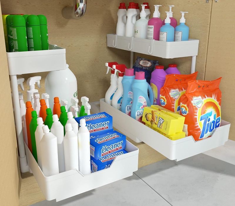Photo 1 of 2-Tier Under Sink Organizer and Storage 2 Pack Sliding L-shape Under Bathroom Kitchen Cabinet Organizers Storage Multi-purpose Sink Organizer Storage for Bathroom Kitchen Drawer(White 2 Pack)