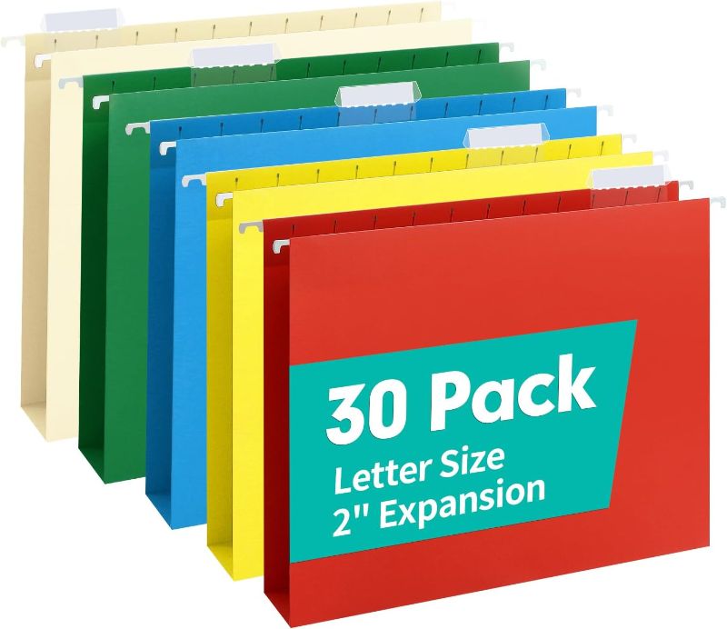 Photo 1 of HERKKA Extra Capacity Hanging File Folders, 30 Pack Reinforced Letter Size Hanging Folders with Heavy Duty 2 Inch Expansion, Designed for Bulky Files, Medical Charts, Assorted Colors