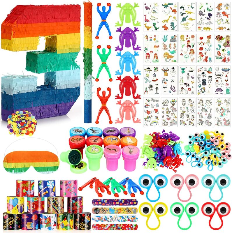 Photo 1 of 120 Pcs Rainbow Pinata Toy Set, Multicolor Kids Birthday Party Pinata with Blindfold Stick and Confetti Carnival Prize for Girls Boys 4th Anniversary Cinco De Mayo Fiesta Decor (Number 3)