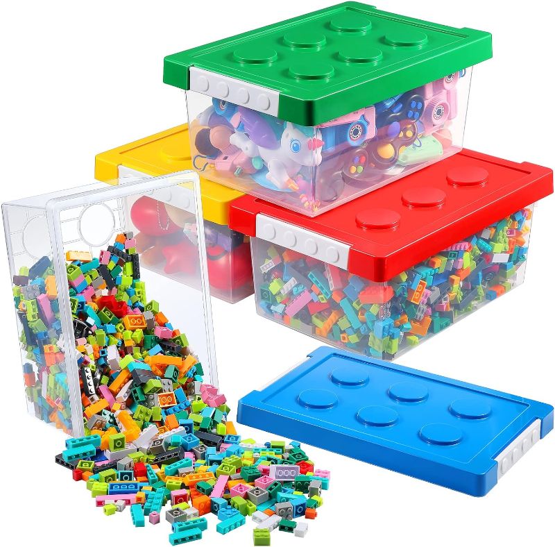 Photo 1 of 4 Pack Toy Storage Containers with Lids Brick Shaped Kids Storage Organizer Box Containers Plastic Stackable Organizer Bin