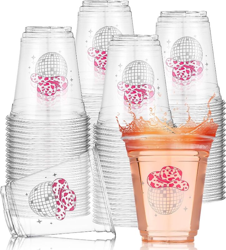 Photo 1 of 100 Pcs Disco Ball Cups Cowgirl Party Supplies 12 oz Disposable Plastic Cowgirl Hat Cups Clear Disco Ball Drink Cups for Bachelorette Birthday Wedding 70s 80s 90s Party (Pink)