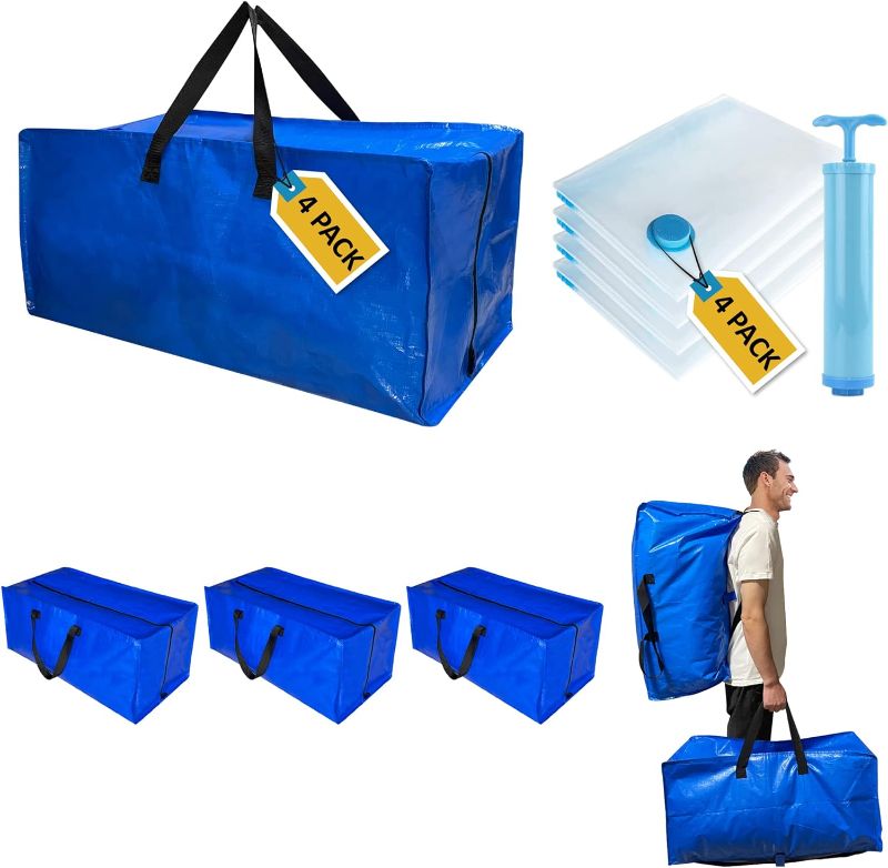Photo 1 of 8 Pack Heavy Duty Extra Large Moving Bags with Backpack Straps & Large Vacuum Storage Bags Moving Supply Combo, Moving Totes with Handles & Zippers for Space Saving,