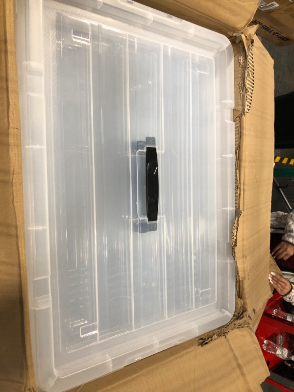 Photo 1 of **FOR PARTS** 72Qt*4 Plastic Storage Bins, Lidded Tote Storage Box with Handle, Stackable, Clear, 72Quart, 4 Pack